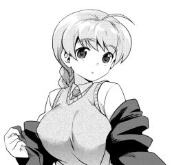 Rule 34 | 1girl, aoba (smartbeat), blush, braid, breasts, female focus, greyscale, jacket, large breasts, long hair, lynette bishop, monochrome, necktie, open mouth, simple background, single braid, solo, strike witches, sweater vest, undressing, white background, world witches series