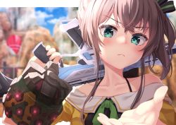 Rule 34 | 1girl, absurdres, apex legends, assault rifle, blue eyes, blush, brown hair, cloud, collarbone, explosive, frown, grenade, gun, head tilt, highres, holding, holding gun, holding weapon, hololive, jacket, kings canyon, looking at viewer, natsuiro matsuri, natsuiro matsuri (1st costume), off-shoulder jacket, off shoulder, open hand, over shoulder, r-301 carbine, rifle, sky, solo, starkamisan, v-shaped eyebrows, virtual youtuber, weapon, weapon over shoulder, yellow jacket