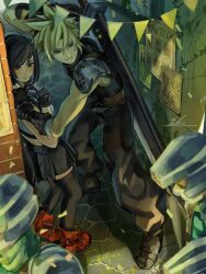 1boy 1girl 2others alley arm_up armor baggy_pants black_footwear black_gloves black_hair black_skirt black_thighhighs blonde_hair blue_eyes blush boots bracelet buster_sword closed_mouth cloud_strife commentary_request confetti crop_top final_fantasy final_fantasy_vii final_fantasy_vii_rebirth final_fantasy_vii_remake from_above gloves hair_between_eyes hand_on_another&#039;s_shoulder helmet hiding highres huge_weapon jewelry long_hair looking_at_another looking_to_the_side materia miniskirt multiple_others outdoors pants red_eyes red_footwear shinra_infantry shinra_infantry_uniform short_hair shoulder_armor signature skirt sleeveless sleeveless_turtleneck spiked_hair standing sweatdrop sweater sword tank_top thighhighs tifa_lockhart turtleneck turtleneck_sweater wanted_poster weapon weapon_on_back white_tank_top yu_ki_erd zettai_ryouiki