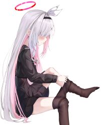 Rule 34 | 1girl, absurdres, black hairband, black pantyhose, black serafuku, black skirt, blue archive, colored inner hair, commentary, dressing, embarrassed, grey hair, hair ribbon, hairband, halo, highres, holding, holding clothes, holding legwear, long hair, long sleeves, multicolored hair, no shoes, pantyhose, pink hair, pink halo, plana (blue archive), pleated skirt, rate aato, red halo, ribbon, school uniform, serafuku, sitting, skirt, solo, thighs, white ribbon