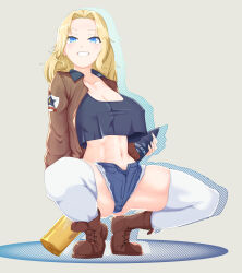 Rule 34 | 1girl, absurdres, black footwear, black shirt, blonde hair, blue eyes, blue shorts, boots, breasts, brown jacket, cleavage, commentary, covered erect nipples, crop top, crop top overhang, cropped shirt, cutoffs, denim, denim shorts, emblem, full body, girls und panzer, grey background, grin, hair intakes, half-closed eyes, highres, holding, jacket, kay (girls und panzer), large breasts, long hair, long sleeves, looking at viewer, midriff, military, military uniform, navel, nyang-kaz, open clothes, open fly, open jacket, saunders (emblem), saunders military uniform, shirt, shorts, silhouette, simple background, smile, solo, squatting, star (symbol), tank shell, thighhighs, uniform, white thighhighs