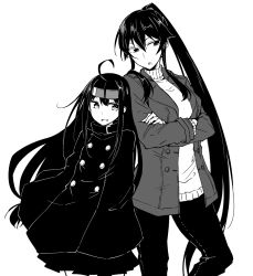 Rule 34 | 2girls, ahoge, alternate costume, breasts, coat, crossed arms, greyscale, hatsushimo (kancolle), headband, jacket, kantai collection, long hair, low-tied long hair, monochrome, multiple girls, open mouth, pants, ponytail, rindou (rindou annon), simple background, skirt, sweater, turtleneck, turtleneck sweater, yahagi (kancolle)