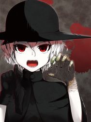 Rule 34 | 13-gou, 1girl, albino, blood, gloves, hat, looking at viewer, open mouth, red eyes, sharp teeth, short hair, simple background, single glove, solo, teeth, white hair