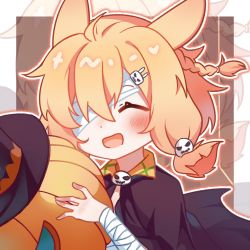 Rule 34 | 1girl, :d, ^ ^, animal ears, arknights, bandage over one eye, black cape, braid, cape, closed eyes, facing viewer, food, hair ornament, highres, holding, holding food, holding pumpkin, holding vegetable, kroos (arknights), kroos (the mag) (arknights), medium hair, official alternate costume, open mouth, orange hair, pumpkin, rabbit ears, rabbit girl, short twintails, skull hair ornament, smile, solo, twintails, upper body, vegetable, zero27xwm