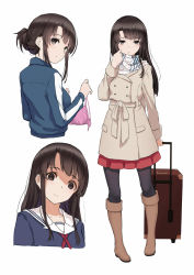 Rule 34 | 1girl, blue jacket, blush, boots, bra, brown coat, brown eyes, brown footwear, brown hair, buttons, coat, collarbone, empty eyes, expressionless, full body, head tilt, highres, holding, holding bra, holding clothes, holding underwear, jacket, katou megumi, knee boots, legs apart, long hair, long sleeves, looking at viewer, multiple views, pantyhose, pink bra, raised eyebrows, red skirt, rolling suitcase, saenai heroine no sodatekata, scarf, school uniform, shaded face, short hair, shou xun bu liang, sidelocks, simple background, skirt, suitcase, track jacket, trench coat, trolley, underwear, upper body, white background, white scarf