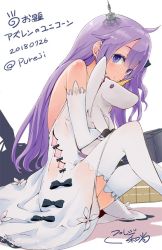 Rule 34 | 1girl, ahoge, azur lane, bare shoulders, black bow, black ribbon, blush, body blush, bow, clothing cutout, commentary request, criss-cross halter, dress, dress bow, elbow gloves, eyes visible through hair, flight deck, from side, gloves, hair bun, hair ribbon, halterneck, headgear, holding, holding stuffed toy, lace, lace-trimmed dress, lace-trimmed gloves, lace-trimmed ribbon, lace trim, light purple hair, long hair, looking at viewer, looking to the side, parted lips, pureji oshou, purple eyes, raised eyebrows, ribbon, rigging, see-through, side bun, side cutout, signature, simple background, single side bun, sitting, solo, stuffed animal, stuffed toy, stuffed winged unicorn, thighhighs, translation request, unicorn (azur lane), very long hair, white background, white dress, white gloves, white thighhighs