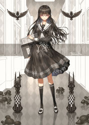 Rule 34 | 1girl, argyle, artist name, black-framed eyewear, black hair, black shirt, black skirt, black socks, blunt bangs, collarbone, commentary request, glasses, highres, holding, indoors, kawaku, kneehighs, long hair, long sleeves, looking at viewer, necktie, original, parted lips, pleated skirt, red eyes, reflection, reflective floor, sailor collar, shirt, shoes, skirt, socks, solo, standing, torn clothes, torn necktie, uwabaki, very long hair, white footwear, white neckwear, white sailor collar, window
