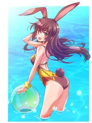 Rule 34 | 1girl, animal ears, arm scrunchie, arm up, ass, ball, bare arms, bare legs, bare shoulders, beachball, blush, breasts, brown eyes, brown hair, brown one-piece swimsuit, day, extra ears, facing viewer, faunus (rwby), floating hair, hand in own hair, hand up, happy, highres, iesupa, long hair, looking at viewer, looking back, matching hair/eyes, medium breasts, multicolored clothes, multicolored swimsuit, one-piece swimsuit, open mouth, outdoors, partially submerged, rabbit ears, rabbit girl, rabbit tail, rwby, smile, solo, standing, swimsuit, tail, tongue, velvet scarlatina, wading, water, yellow one-piece swimsuit