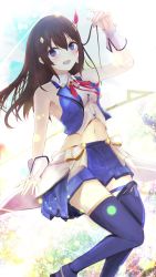Rule 34 | 1girl, bare shoulders, blue eyes, blue thighhighs, blue vest, blush, brown hair, collared shirt, commentary request, cropped vest, dress shirt, hair ornament, highres, hololive, long hair, looking at viewer, midriff, navel, open clothes, open mouth, open vest, purple eyes, shirt, skirt, sleeveless, sleeveless shirt, solo, star (symbol), star hair ornament, thighhighs, tokino sora, tokino sora (1st costume), vest, virtual youtuber, white shirt, wing collar, wnaph, wrist cuffs