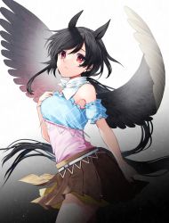 Rule 34 | 1girl, animal ears, armpits, bare shoulders, belt, black background, black hair, blue dress, breasts, brown dress, closed mouth, commentary request, dress, eyes visible through hair, gradient background, grey background, hair between eyes, hand on own chest, hand up, highres, horse ears, horse tail, kaede (mmkeyy), kurokoma saki, long hair, medium breasts, multicolored clothes, multicolored dress, no headwear, off-shoulder shirt, off shoulder, pink dress, plaid, plaid dress, ponytail, puffy short sleeves, puffy sleeves, red eyes, scarf, shirt, short sleeves, solo, standing, tail, teeth, touhou, white background, white belt, white scarf, wings, yellow dress