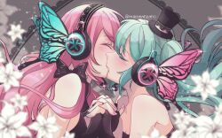 Rule 34 | 2girls, aqua hair, aqua nails, bare shoulders, black bow, black dress, black gloves, blurry, blurry foreground, blush, bow, breasts, bridal gauntlets, butterfly wings, cleavage, collarbone, colored eyelashes, commentary, depth of field, dress, english commentary, fingerless gloves, french kiss, gloves, hat, hatsune miku, headphones, headset, holding hands, insect wings, interlocked fingers, kiss, magnet (vocaloid), marininho, medium breasts, megurine luka, mini hat, multiple girls, pink hair, pink nails, small breasts, strapless, strapless dress, twintails, twitter username, vocaloid, white lily, wings, yuri
