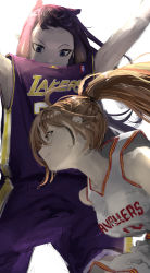 Rule 34 | 2girls, absurdres, arms up, azura (azuart0), basketball jersey, basketball uniform, brown eyes, brown hair, cleveland cavaliers, commentary, cosplay, dribbling (basketball), english commentary, floating hair, highres, hololive, hololive english, jersey, kobe bryant, kobe bryant (cosplay), lebron james, lebron james (cosplay), looking at another, los angeles lakers, multiple girls, nanashi mumei, ninomae ina&#039;nis, playing sports, ponytail, purple eyes, purple hair, purple shirt, purple shorts, shirt, shorts, sportswear, virtual youtuber, white shirt, white shorts