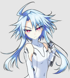 Rule 34 | 1girl, ahoge, angry, bare shoulders, blue hair, blush, breasts, elbow gloves, gloves, hair between eyes, highres, leotard, light blue hair, looking at viewer, neptune (series), power symbol, power symbol-shaped pupils, red eyes, short hair with long locks, skinny, small breasts, solo, symbol-shaped pupils, thighhighs, white gloves, white heart (neptunia), white leotard, white thighhighs