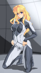 Rule 34 | 1girl, abs, armpits, blonde hair, blurry, blurry background, bodysuit, breasts, cameltoe, collarbone, commentary, covered erect nipples, covered navel, full body, hair between eyes, hair over shoulder, high heels, kneeling, long hair, macross, macross frontier, no bra, open mouth, parted lips, purple eyes, qkat (arikawa-dou), sheryl nome, sidelocks, skin tight, solo, zipper