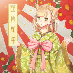 Rule 34 | 1girl, :o, animal ears, blonde hair, briar rose (sinoalice), cat ears, chinese new year, floral background, flower, green kimono, hair between eyes, hair ornament, highres, japanese clothes, kimono, long sleeves, looking at viewer, new year, open mouth, petals, red flower, rico tta, short hair, sinoalice, solo, yellow eyes