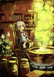 Rule 34 | 1girl, :&lt;, bad id, bad pixiv id, black thighhighs, book, bracelet, cape, chair, fire, flower, hand on own cheek, hand on own face, holding, indoors, jar, jewelry, kureta (nikogori), open mouth, original, pixiv fantasia, plant, red eyes, short hair, silver hair, sitting, solo, steam, thighhighs, triangle mouth