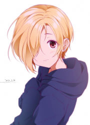 Rule 34 | 1girl, 2022, ayame iro (toumei dolce), blonde hair, blush, closed mouth, dated, earrings, from side, hair over one eye, highres, hood, hood down, hooded sweater, idolmaster, idolmaster cinderella girls, jewelry, looking at viewer, red eyes, shirasaka koume, short hair, simple background, sleeves past fingers, sleeves past wrists, solo, sweater, upper body, white background