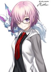 Rule 34 | 1girl, black shirt, breasts, character name, collar, creature, fate/grand order, fate (series), fou (fate), glasses, hair over one eye, hood, hoodie, jacket, long sleeves, looking at viewer, mash kyrielight, necktie, on shoulder, open clothes, open jacket, pink hair, pocket, purple eyes, red necktie, sakiyamama, shirt, short hair, twitter username, upper body, white background, white collar, white jacket