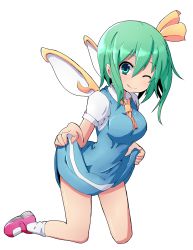 Rule 34 | 1girl, :q, ;q, aqua eyes, aqua hair, bare legs, breasts, clothes lift, daiyousei, dress, dress lift, fairy wings, female focus, full body, green hair, hair ribbon, highres, kneeling, kuromu (underporno), large breasts, long hair, looking at viewer, mary janes, one eye closed, ribbon, shoes, side ponytail, simple background, socks, solo, tongue, tongue out, touhou, white background, white socks, wings, wink