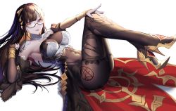 Rule 34 | 1girl, absurdres, black hair, black pantyhose, breasts, bridal gauntlets, capelet, chain, feet up, glasses, hair ornament, high heels, highres, large breasts, legs, legs up, lying, masterwork apocalypse, nail polish, on back, open mouth, original, pale skin, pantyhose, red lips, red nails, rib (rib delesetong), simple background, solo, stiletto heels, teeth, thighs, uniform, white background