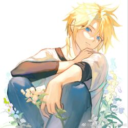 Rule 34 | 1boy, aged down, arm on knee, black shirt, blonde hair, blue eyes, child, cloud strife, day, denim, expressionless, final fantasy, final fantasy vii, flower, hand on own shoulder, highres, holding, holding flower, jeans, layered sleeves, liyln02617464, male focus, medium hair, messy hair, outdoors, pants, ponytail, shirt, short ponytail, sitting, solo, white shirt