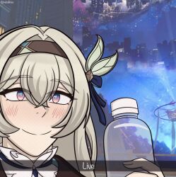 Rule 34 | 1girl, black hairband, blush, bottle, city, commentary, firefly (honkai: star rail), grey hair, hair between eyes, hairband, highres, holding, holding bottle, honkai: star rail, honkai (series), long hair, looking at viewer, nebulimes, outdoors, purple eyes, smile, solo