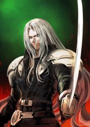 Rule 34 | 1boy, final fantasy, final fantasy vii, gloves, green background, highres, holding, holding sword, holding weapon, jun (navigavi), long hair, male focus, manly, red background, sephiroth, silver hair, smile, solo, sword, very long hair, weapon