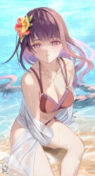 Rule 34 | 1girl, absurdres, alternate costume, armpit crease, bare shoulders, beach, bikini, breasts, cleavage, collarbone, commentary, electro symbol (genshin impact), eyeliner, feet out of frame, flower, genshin impact, hair flower, hair ornament, highres, jewelry, large breasts, long hair, looking at viewer, low-braided long hair, low-tied long hair, makeup, mitsudomoe (shape), mole, mole under eye, navel, necklace, ocean, partially submerged, purple eyes, purple hair, raiden shogun, red bikini, red eyeliner, sazanami (re n rentaro), see-through, see-through shirt, shirt, shirt partially removed, side-tie bikini bottom, sidelocks, signature, sitting, solo, stomach, swimsuit, tomoe (symbol), triangle mouth, very long hair, wet, white shirt