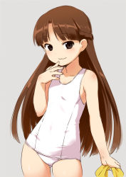 Rule 34 | 00s, 1girl, :3, brown eyes, brown hair, figure 17, flat chest, grey background, half updo, hand to own mouth, inou shin, long hair, one-piece swimsuit, sawada mina, school swimsuit, solo, swimsuit, white school swimsuit, white one-piece swimsuit