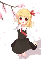 Rule 34 | 1girl, black skirt, blonde hair, cherry blossoms, hair ribbon, highres, long sleeves, looking at viewer, open mouth, petals, red eyes, ribbon, rumia, shirt, shoes, short hair, skirt, skirt set, smile, solo, standing, takapi 3, touhou, vest, white legwear