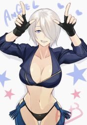 Rule 34 | 1girl, angel (kof), ayato g90210, blue eyes, breasts, cleavage, curvy, fingerless gloves, gloves, grey hair, grin, hair over one eye, highres, large breasts, legs, looking at viewer, midriff, navel, short hair, smile, snk, the king of fighters, thighs, wide hips