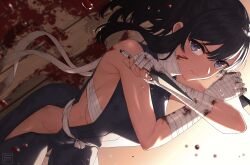 1girl armpits bandages bare_hips bare_shoulders black_hair blue_eyes breasts chest_sarashi commission dual_wielding fumato groin highres holding holding_weapon kunai medium_breasts ninja original sarashi serious sideboob sideless_outfit tsurime weapon