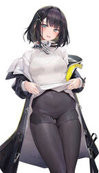 Rule 34 | 1girl, arknights, arknights: endfield, black coat, black hair, blush, cameltoe, clothes lift, coat, commentary request, endministrator (arknights), female endministrator (arknights), grey eyes, hair ornament, hairclip, highres, lifting own clothes, light blush, long sleeves, looking at viewer, medium hair, nail polish, open clothes, open mouth, pantyhose, pantyhose under shorts, presenting, revision, ru zhai, shirt lift, shorts, simple background, smile, solo, standing, sweater, sweater lift, thigh gap, white background, zipper pull tab