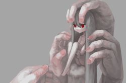 Rule 34 | 1girl, grey background, grey hair, hair between eyes, hand focus, knees up, long hair, mashirogurashi, nude, original, red eyes, simple background, solo, surreal, very long hair