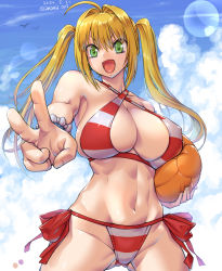 Rule 34 | 1girl, ahoge, amania orz, artist name, ball, beachball, bikini, blonde hair, cloud, cloudy sky, criss-cross halter, dated, earrings, fate/grand order, fate (series), green eyes, halterneck, holding, holding ball, jewelry, looking at viewer, navel, nero claudius (fate), nero claudius (fate) (all), nero claudius (swimsuit caster) (fate), open mouth, sky, solo, striped bikini, striped clothes, swimsuit, twintails, v