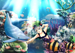 Rule 34 | 1girl, bare shoulders, blue eyes, breasts, breath, bubble, blowing bubbles, cabbie hat, cleavage, collarbone, coral, coral reef, dolphin, fish, floating hair, freediving, hair bobbles, hair ornament, hat, highres, hiro thursday, kawashiro nitori, landscape, light, light particles, light rays, light trail, medium breasts, nature, ocean, outstretched arms, plant, reaching, rock, scenery, short hair, skirt, skirt set, solo, submerged, sunbeam, sunlight, swimming, tank top, touhou, underwater, underwear, water, wet, wet clothes