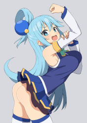 Rule 34 | 1girl, :d, aqua (konosuba), arched back, arm up, ass, bare shoulders, bow, bowtie, breasts, clenched hand, detached sleeves, from side, green bow, green bowtie, green eyes, green hair, grey background, hair between eyes, hair ornament, hair rings, kono subarashii sekai ni shukufuku wo!, large breasts, long hair, looking at viewer, no panties, open mouth, salpin, simple background, single hair ring, skindentation, smile, solo, thighhighs, white thighhighs