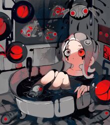 Rule 34 | 1girl, agent 8 (splatoon), bathtub, closed mouth, collarbone, commentary request, constricted pupils, drizzling cappriccioso, fish, fish skeleton, gradient hair, grey hair, highres, homing arpeggio, indoors, jelleton, li04r, medium hair, multicolored hair, nintendo, octoling, octoling girl, octoling player character, red eyes, red hair, spawning accordo, splatoon (series), splatoon 3, splatoon 3: side order, swarming languendo, tentacle hair, two-tone hair, window