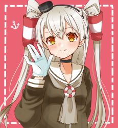 Rule 34 | 1girl, amatsukaze (kancolle), anchor symbol, brown dress, brown eyes, choker, cocoperino, commentary request, dress, gloves, hair tubes, hat, kantai collection, lifebuoy ornament, long hair, mini hat, pink background, sailor dress, silver hair, smokestack hair ornament, solo, two side up, waving, white gloves