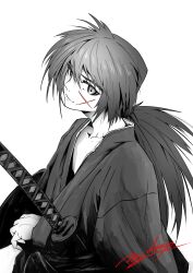 Rule 34 | 1boy, absurdres, closed mouth, collarbone, commentary, cross scar, denjyou23, elbow rest, facial scar, greyscale, hair between eyes, highres, himura kenshin, japanese clothes, katana, kimono, long hair, long sleeves, looking at viewer, low ponytail, male focus, monochrome, rurouni kenshin, scar, scar on cheek, scar on face, sheath, sheathed, signature, solo, spot color, sword, upper body, weapon, white background, wide sleeves