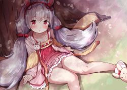 Rule 34 | 1girl, :o, animal ears, azur lane, blush, cherry blossoms, collarbone, commentary request, dress, fake animal ears, hair between eyes, hairband, highres, jacket, knees together feet apart, laffey (azur lane), laffey (white rabbit welcomes the spring) (azur lane), long hair, looking at viewer, mochiyuki, open clothes, open jacket, panties, pink jacket, rabbit ears, red dress, red eyes, silver hair, sitting, slippers, solo, tree, twintails, underwear