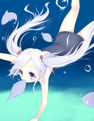 Rule 34 | 1girl, animal, blush, bubble, fish, freediving, heart, highres, kiss, kissing animal, one-piece swimsuit, original, purple eyes, school swimsuit, silver hair, solo, sukage, swimming, swimsuit, twintails, underwater