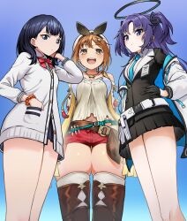 Rule 34 | 3girls, atelier (series), atelier ryza, bare legs, belt, black hair, black skirt, blue archive, blue background, blue eyes, blue necktie, boots, bow, bowtie, breasts, brown footwear, brown hair, cardigan, collared shirt, crossover, from below, gloves, gradient background, gridman universe, half gloves, halo, hand in pocket, hat, hat bow, highres, jacket, jewelry, landl, large breasts, long hair, long sleeves, looking at viewer, miniskirt, multicolored clothes, multicolored jacket, multiple girls, navel, necklace, necktie, open clothes, open jacket, open mouth, orange scrunchie, pleated skirt, purple eyes, purple hair, red bow, red bowtie, red shorts, reisalin stout, school uniform, scrunchie, shirt, short hair, shorts, skirt, sleeveless, sleeveless jacket, smile, ssss.gridman, star (symbol), star necklace, straight hair, takarada rikka, thick thighs, thigh boots, thighhighs, thighs, trait connection, two-sided fabric, two-sided jacket, two-tone jacket, two side up, white belt, white cardigan, white jacket, white shirt, white thighhighs, wrist scrunchie, yellow jacket, yuuka (blue archive)