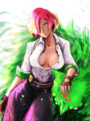 Rule 34 | 1girl, 1other, absurdres, belt, black pants, breasts, brown gloves, cleavage, collarbone, cross, dark-skinned female, dark skin, facial mark, fingerless gloves, forehead mark, giovanna (guilty gear), gloves, green fur, guilty gear, guilty gear strive, hair over one eye, high-waist pants, highres, large breasts, lips, looking at viewer, multiple belts, no bra, nose, pants, partially unbuttoned, plunging neckline, police badge, rei (guilty gear), sleeves pushed up, solo focus, suspenders, wolf, yuu (primenumber7)
