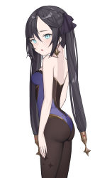 Rule 34 | 1girl, absurdres, aqua eyes, ass, bad id, bad pixiv id, black hair, black pantyhose, blush, bow, earrings, genshin impact, hair bow, highres, jewelry, leotard, looking at viewer, mona (genshin impact), okappa (bobbed001), pantyhose, simple background, solo, white background