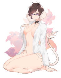 Rule 34 | 1girl, absurdres, au ra, warrior of light (ff14), body markings, breasts, brown hair, collar, dragon horns, dragon tail, facial mark, final fantasy, final fantasy xiv, glasses, hand on breast, hand rest, highres, horns, jewelry, large breasts, necklace, open clothes, open shirt, original, pendant, purple eyes, sakotach, seiza, shirt, short hair, simple background, sitting, smile, solo, tail, white shirt