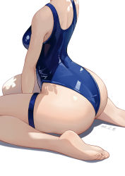 Rule 34 | 1girl, absurdres, ass, barefoot, blue one-piece swimsuit, breasts, competition swimsuit, from behind, gk guoke, head out of frame, highres, kneeling, legs, medium breasts, one-piece swimsuit, original, shiny skin, simple background, sitting, skindentation, soles, solo, swimsuit, thigh strap, thighs, wariza, white background