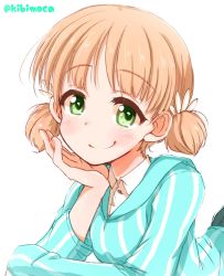 Rule 34 | 1girl, aki (girls und panzer), blue shirt, closed mouth, commentary, dress shirt, elbow rest, girls und panzer, green eyes, hair tie, head rest, highres, keizoku school uniform, kibimoka, light brown hair, long sleeves, looking at viewer, lying, on stomach, one-hour drawing challenge, school uniform, shirt, short hair, short twintails, simple background, smile, solo, striped clothes, striped shirt, twintails, twitter username, vertical-striped clothes, vertical-striped shirt, white background, white shirt, wing collar