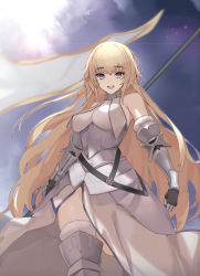 Rule 34 | 1girl, :d, absurdres, armor, bare shoulders, black gloves, blonde hair, blue eyes, blue sky, breasts, fate/apocrypha, fate (series), flag, fur trim, ganida boushoku, gauntlets, gloves, greaves, highres, holding, holding flag, jeanne d&#039;arc (fate), jeanne d&#039;arc (ruler) (fate), jeanne d&#039;arc (third ascension) (fate), long hair, looking at viewer, open mouth, sky, smile, solo, teeth, thighhighs, very long hair