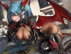 Rule 34 | 1girl, aqua hair, armor, azur lane, black bodysuit, black wings, blurry, blurry background, blush, bodysuit, breasts, cleavage, company name, copyright notice, hair between eyes, hominamia, horns, large breasts, latex, latex bodysuit, long bangs, long hair, looking at viewer, official art, open mouth, outdoors, pointy ears, red wings, regensburg (azur lane), second-party source, shoulder armor, skindentation, solo, sweat, teeth, thighs, twintails, two-tone wings, wings, yellow eyes